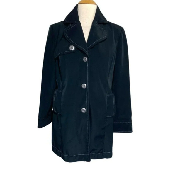 Black Button-Down Trench Coat with Contrast Stitching Women's - Picture 2 of 7